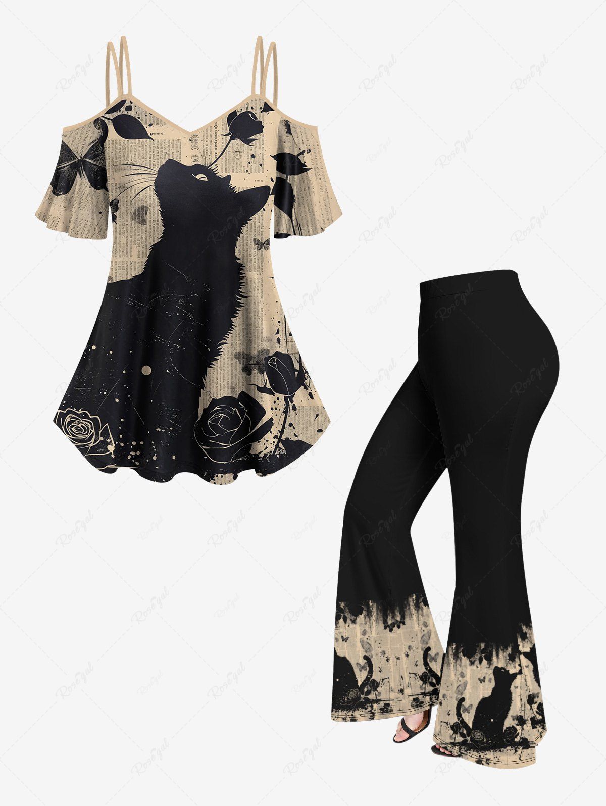 Trendy Ink Painting Rose Flower Leaf Butterfly Cat Newspaper Print T-shirt and Flare Pants Plus Size Matching Set  
