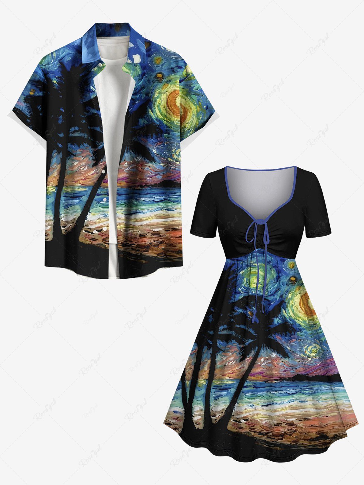Tenue de Plage à Imprimé Cocotiers en Peinture Marbré Grande-Taille pour Couples Noir 