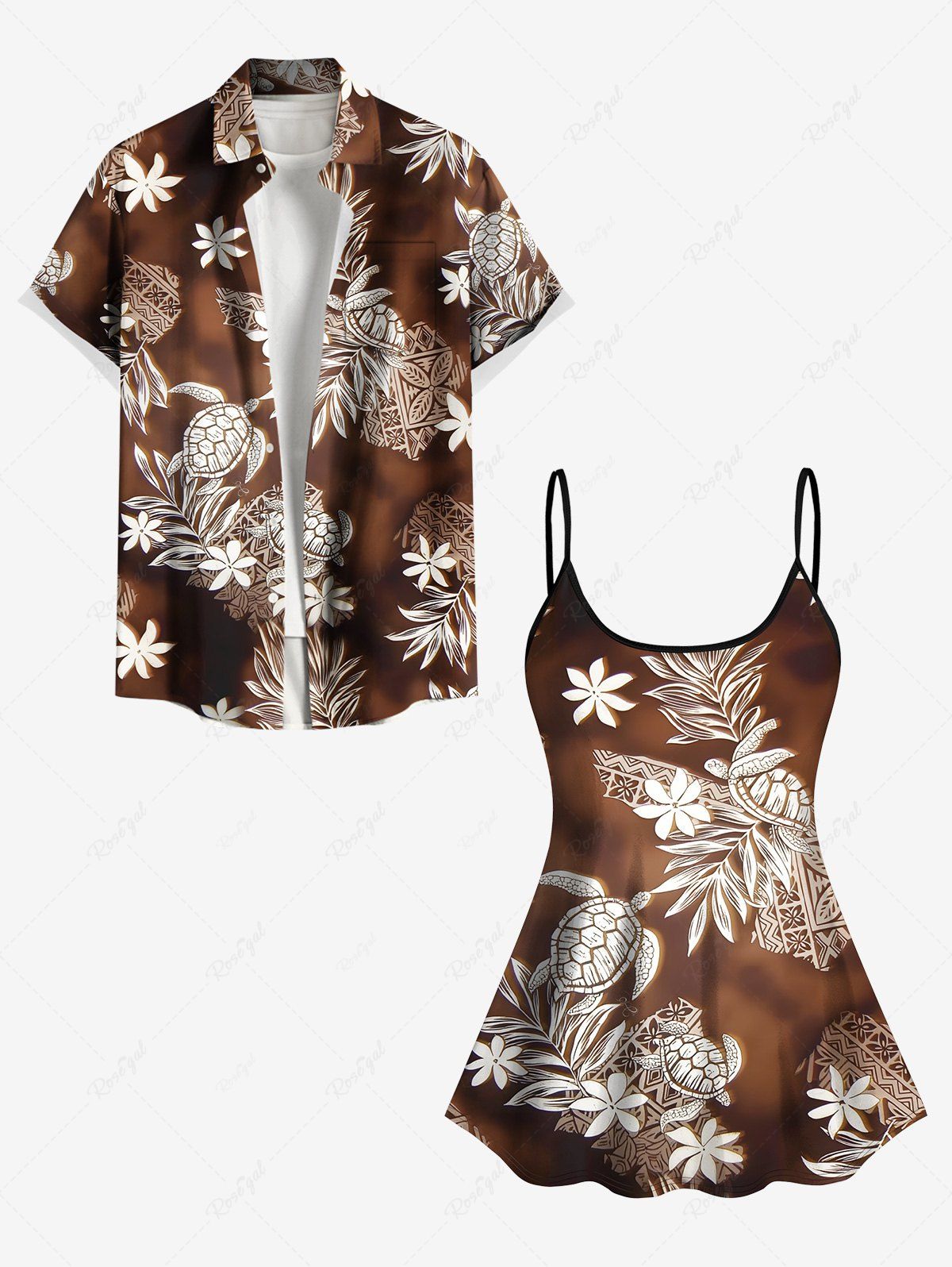 Outfit Branch Leaf Flower Turtle Tie Dye Print Shirt Swimsuit Plus Size Matching Hawaii Sea Creatures Beach Outfit For Couples  