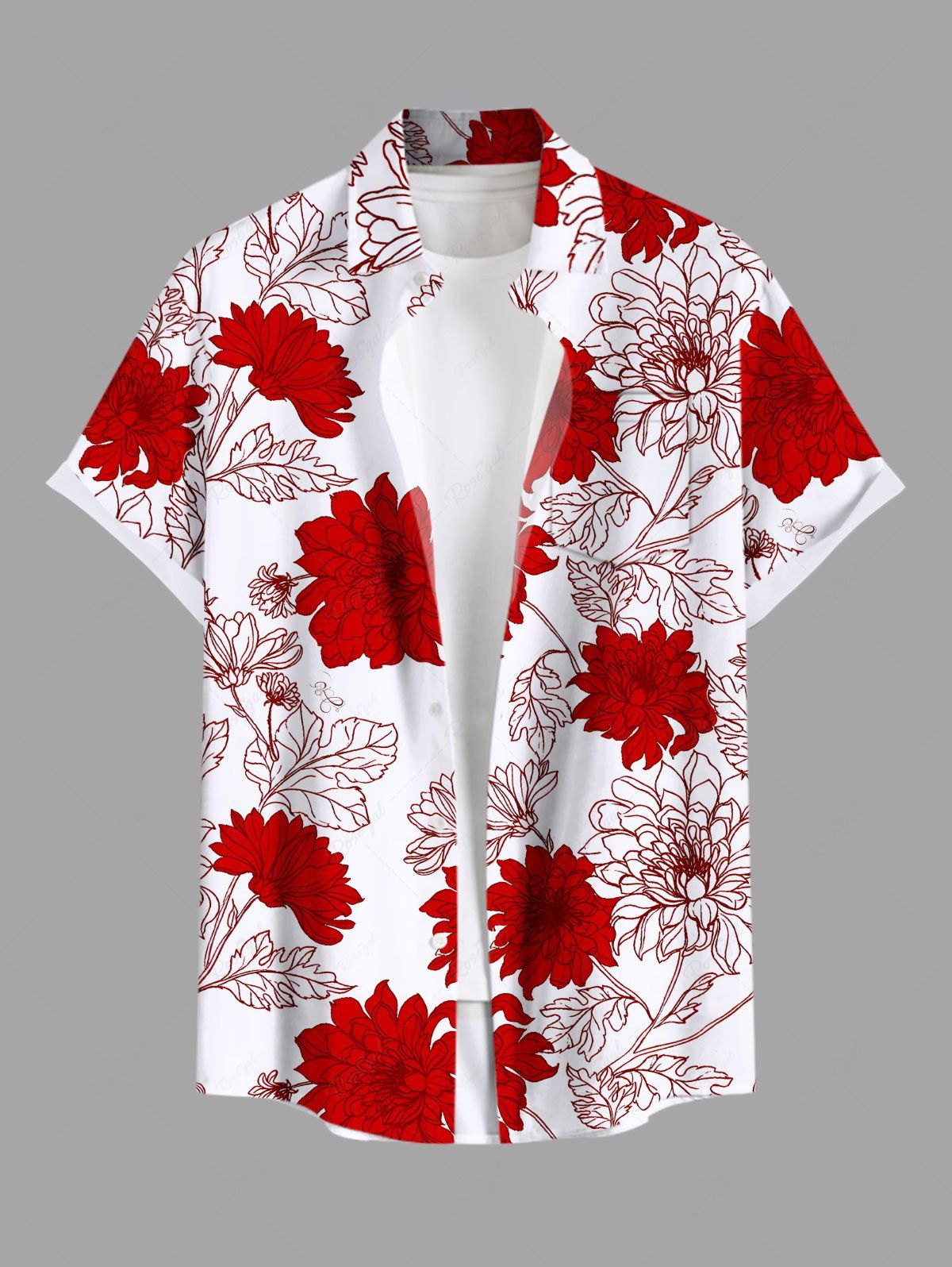 Shop Plus Size Floral Leaves Print Hawaii Button Pocket Shirt For Men  