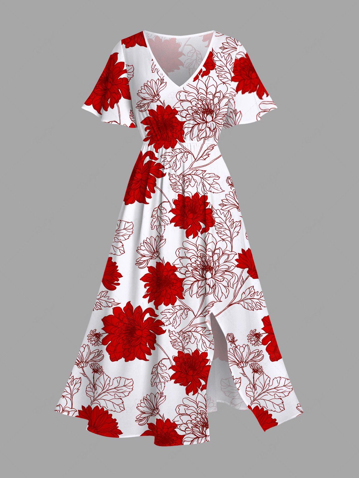 Outfits Plus Size Floral Leaves Print Hawaii Split Pocket A Line Midi Dress  