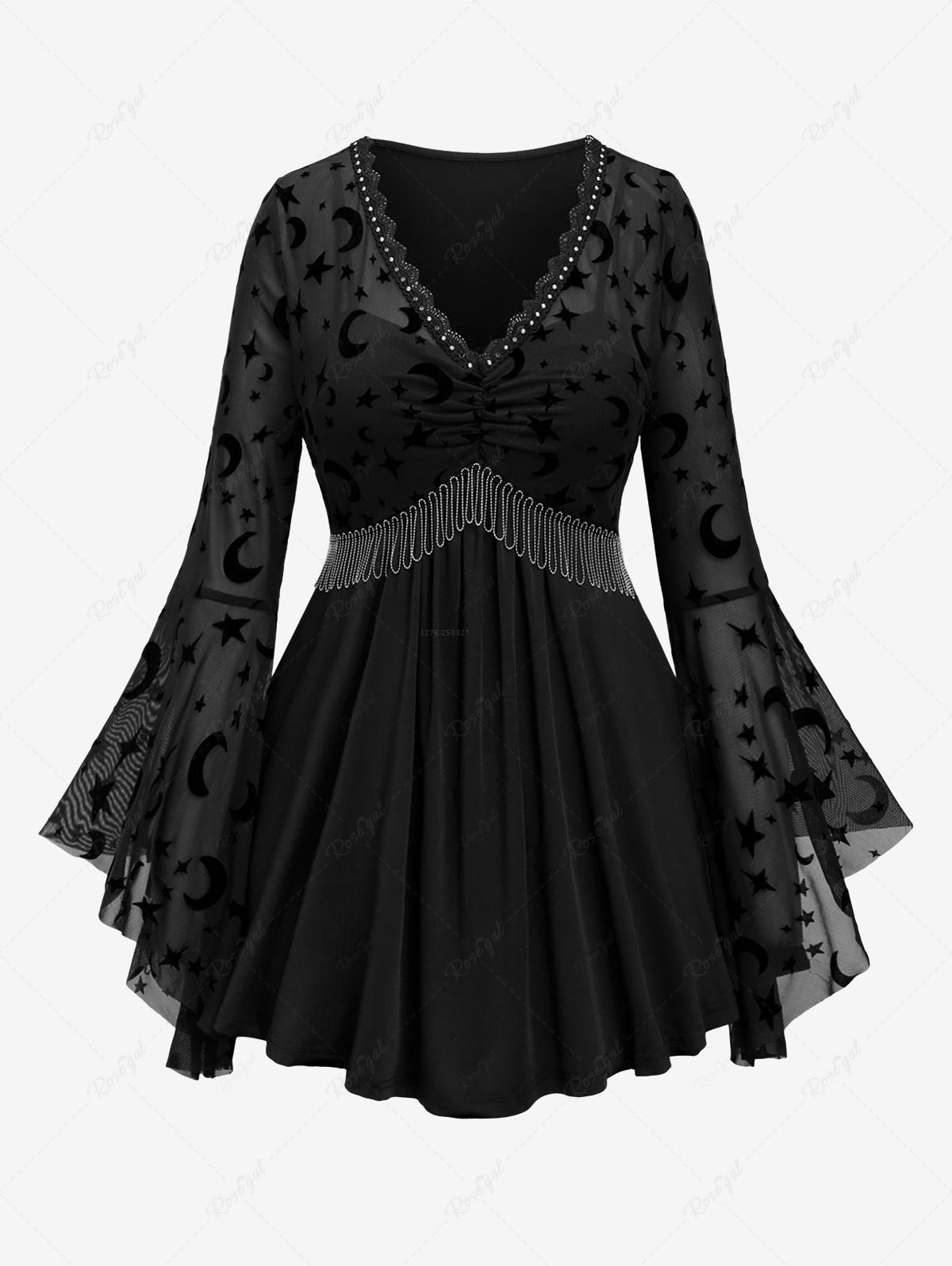 T-shirt grande taille à imprimé lune et étoiles, empiècement en maille, manches cloche, chaîne froncée et pompon Noir L | US 12