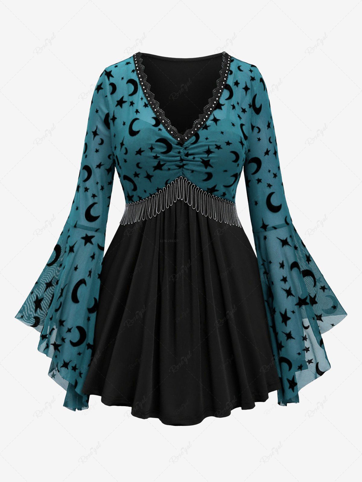 T-shirt manches longues à imprimé gothique lune et étoiles, grande taille, empiècement en maille, manches cloche, chaîne froncée et pompon Bleu Ciel 2X | US 18-20