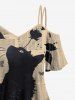 Ink Painting Rose Flower Leaf Butterfly Cat Newspaper Print T-shirt and Flare Pants Plus Size Matching Set -  