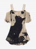 Ink Painting Rose Flower Leaf Butterfly Cat Newspaper Print T-shirt and Flare Pants Plus Size Matching Set -  