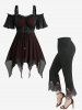 Lace Up Mesh Cold Shoulder Asymmetrical Blouse and Scalloped Tassel Flare Pants Plus Size Outfit -  