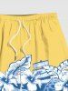 Short de Plage Hawaïen Fleur Feuille D'Hibiscus en Blocs de Couleurs de Grande Taille pour Homme - Jaune 2XL