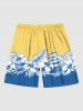 Short de Plage Hawaïen Fleur Feuille D'Hibiscus en Blocs de Couleurs de Grande Taille pour Homme - Jaune 2XL