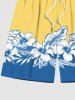 Short de Plage Hawaïen Fleur Feuille D'Hibiscus en Blocs de Couleurs de Grande Taille pour Homme - Jaune 2XL