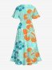 Plus Size Tropical Hibiscus Flowers Print Split Hawaii Midi Dress -  