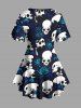 Plus Size Skulls Rose Flowers Print Lattice Crisscross T-shirt - Noir M