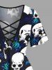 Plus Size Skulls Rose Flowers Print Lattice Crisscross T-shirt - Noir M
