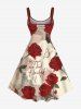 Plus Size Rose Flower Butterfly Letter Newspaper Print Hawaii Ombre A Line Tank Dress -  