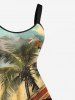 Robe débardeur grande taille imprimée cocotier et maison de mer hawaïenne, coupe trapèze - Bleu clair 6X
