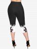 Plus Size Rose Flower Leaf Vine Butterfly Print Capri Leggings -  