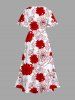 Plus Size Floral Leaves Print Hawaii Split Pocket A Line Midi Dress -  