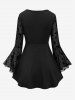 T-shirt grande taille à imprimé lune et étoiles, empiècement en maille, manches cloche, chaîne froncée et pompon - Noir L | US 12