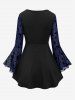 T-shirt grande taille à imprimé lune et étoiles, empiècement en maille, manches cloche, chaîne froncée et pompon - Bleu profond 3X | US 22-24