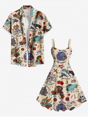 Flowers Sharks Cross Skulls Retro Series Print Plus Size Matching Hawaii Beach Outfit For Couples - LIGHT COFFEE