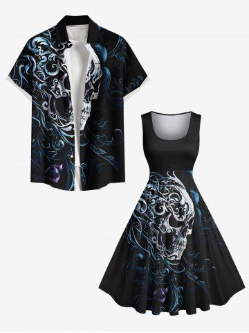 Floral Pattern Skull Print Plus Size Matching Hawaii Beach Outfit For Couples - BLACK