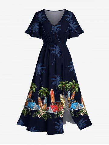 Plus Size Coconut Tree Car Tropical Flowers Surfboard Print Split Hawaii Midi Dress - DEEP BLUE - 4X