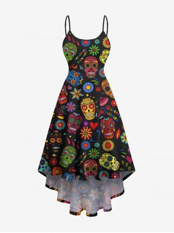 Plus Size Floral Skulls Heart Print High Low Hawaii Cami Dress - BLACK - 6X