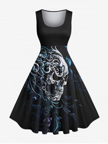 Plus Size Floral Pattern Skull Print Hawaii 1950s Vintage Dress - BLACK - 1X