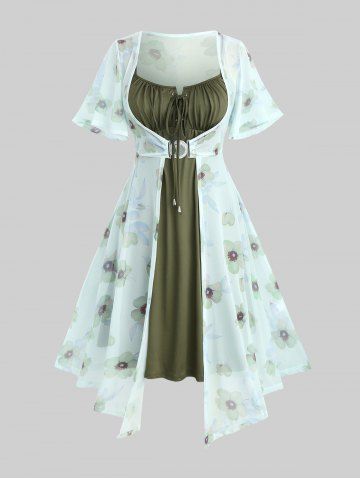 Plus Size Flutter Sleeves Floral Dress and Lace-up A Line Cami Dress Set - GREEN - 3X | US 22-24