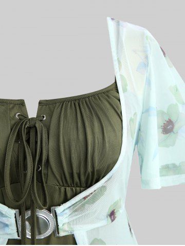 Plus Size Flutter Sleeves Floral Dress and Lace-up A Line Cami Dress Set