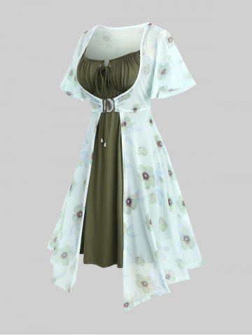Plus Size Flutter Sleeves Floral Dress and Lace-up A Line Cami Dress Set