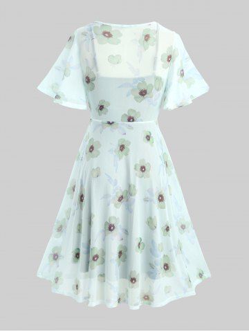 Plus Size Flutter Sleeves Floral Dress and Lace-up A Line Cami Dress Set