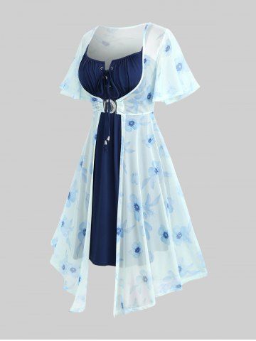 Plus Size Flutter Sleeves Floral Dress and Lace-up A Line Cami Dress Set