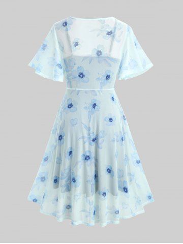 Plus Size Flutter Sleeves Floral Dress and Lace-up A Line Cami Dress Set