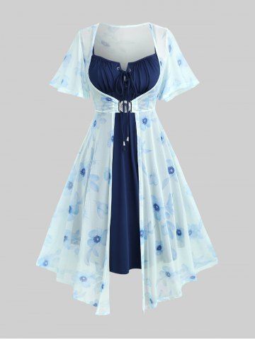 Plus Size Flutter Sleeves Floral Dress and Lace-up A Line Cami Dress Set - DEEP BLUE - 4X | US 26-28