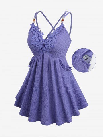 Plus Size Floral Applique Textured Pockets Crisscross Strappy Solid Cami Top