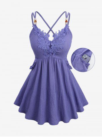 Plus Size Floral Applique Textured Pockets Crisscross Strappy Solid Cami Top - LIGHT PURPLE - 3X | US 22-24