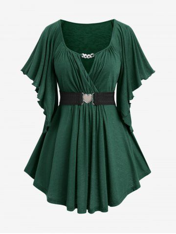 Plus Size Chain Panel Belted Butterfly Sleeve Surplice Top - MULTI-C - L | US 12