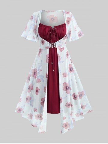Plus Size Flutter Sleeves Floral Dress and Lace-up A Line Cami Dress Set - DEEP RED - M | US 10