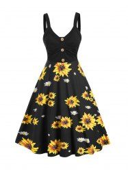 Robe Ligne A à Bretelle à Imprimé Tournesol avec Bouton - Multi XL