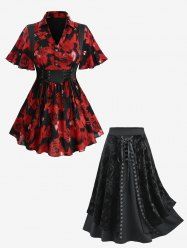 Rose Flower Print Jacquard Blouse and Embossed Lace Up Layered A Line Skirt Plus Size Outfit -  