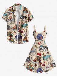 Short de Plage Rétro Grande Taille Imprimé Crânien Floral - café lumière 