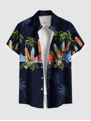 Plus Size Coconut Tree Car Tropical Flowers Surfboard Print Buttons Pocket Hawaii Shirt For Men -  