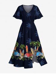 Plus Size Coconut Tree Car Tropical Flowers Surfboard Print Split Hawaii Midi Dress -  