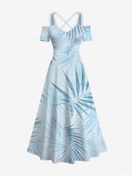 Plus Size Tropical Leaf Print Cold Shoulder Crisscross Hawaii Maxi Dress -  