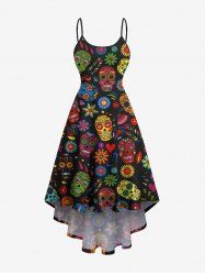 Robe Hawaiienne à Bretelle Haute Basse Fleurie Crâne Imprimée de Grande Taille - Noir 1X