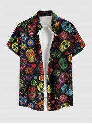 Plus Size Floral Skulls Heart Print Buttons Pocket Hawaii Shirt For Men -  