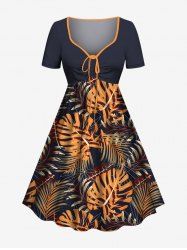 Plus Size Tropical Leaf Print Cinched Hawaii Dress -  