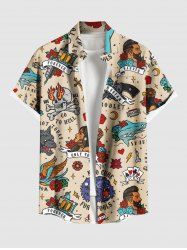 Plus Size Flowers Sharks Cross Skulls Retro Series Print Buttons Pocket Hawaii Shirt For Men -  