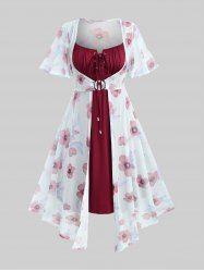 Plus Size Flutter Sleeves Floral Dress and Lace-up A Line Cami Dress Set -  