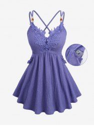 Plus Size Floral Applique Textured Pockets Crisscross Strappy Solid Cami Top -  